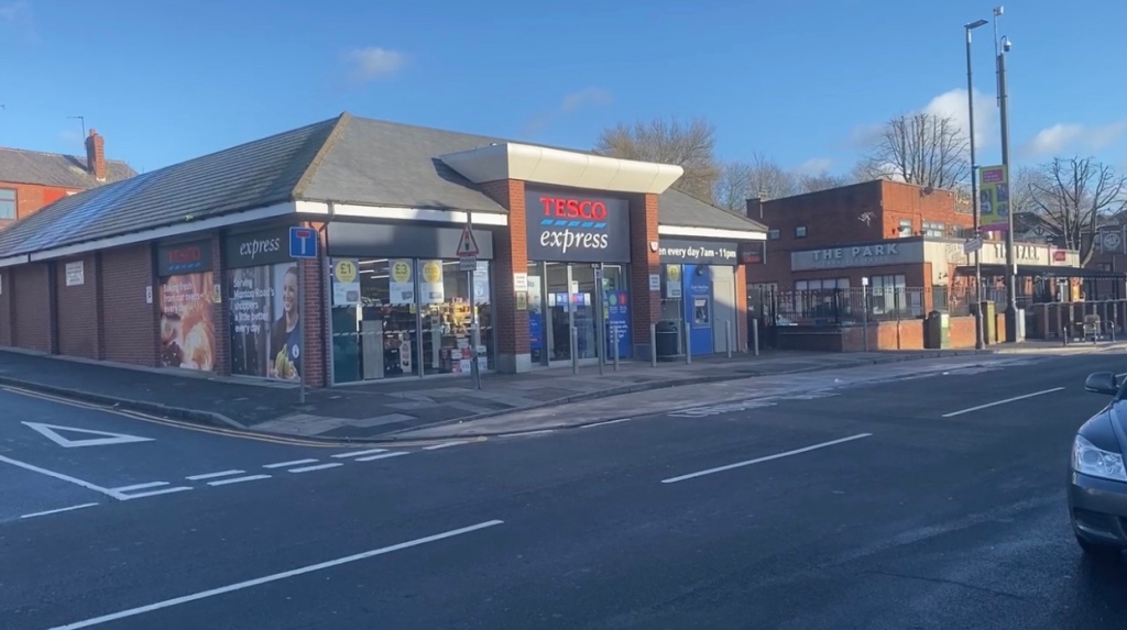 Tesco Express Monton opposite new sustainable store on high street with eco friendly plastic free refill station